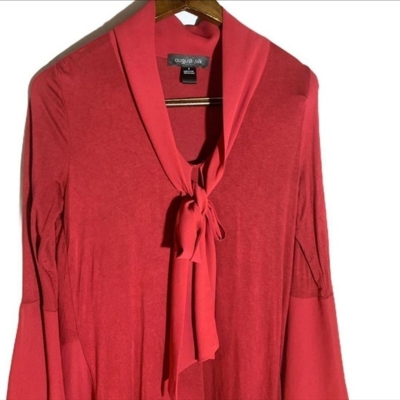 August Silk Red Super Soft Tie Neckline Blouse Women's Large L Bell Sleeve Boho - Picture 5 of 9